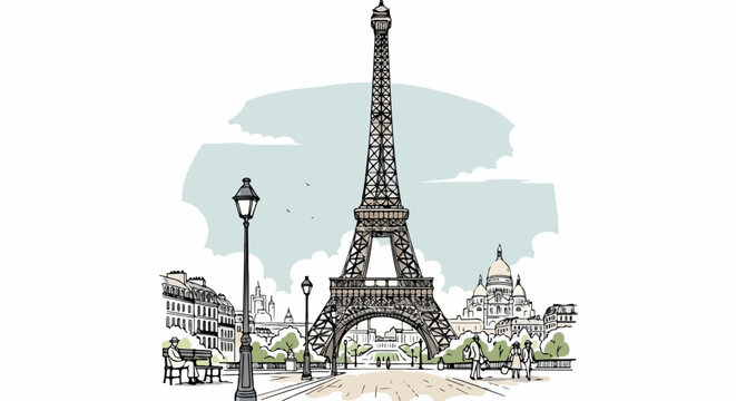 Illustration de la Tour Eiffel &agrave; Paris, symbole embl&eacute;matique de la France et de l'Europe, avec des &eacute;l&eacute;ments urbains.