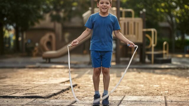 A child skips rope at high speed on a playground, sweat droplets flying from skin and the rope creating motion blur in a burst of pure physical joy and rhythmic energy.