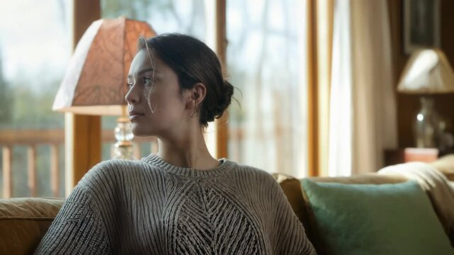 A woman rests her chin on her hand and gazes into the distance, eyelashes casting soft shadows on her cheeks as a single strand of hair lifts gently in a breeze filled with quiet reverie.