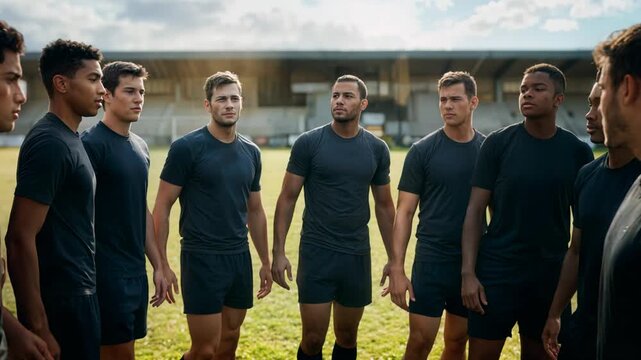 Teammates lean in with heads together and hands stacked in a pre-game huddle, the tension of unified focus tangible through skin contact, proximity, and blurred green field beyond.