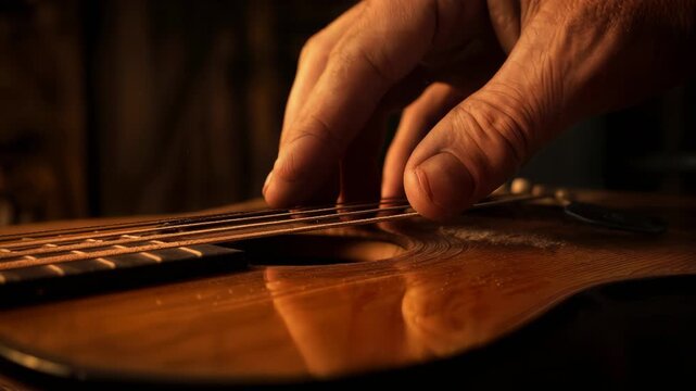 Close-up of calloused fingers plucking guitar strings with precise grip, the wood surface gleaming in warm firelight as subtle vibration blur suggests the resonance of the music being made.