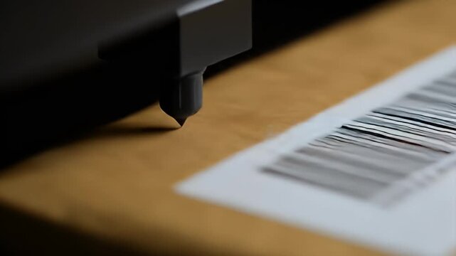 Close-up shows a precision machine tip engaging a printed document on a wooden surface