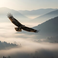 Fototapeta premium Majestic Eagle Soaring Above Foggy Mountain Valley at Sunrise.