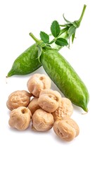 A vibrant still life features green pods and a pile of tan, round legumes against a clean white backdrop, highlighting texture