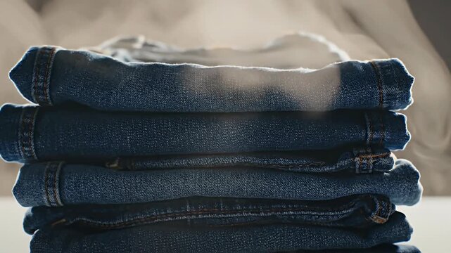A neat stack of blue denim jeans with steam rising from them