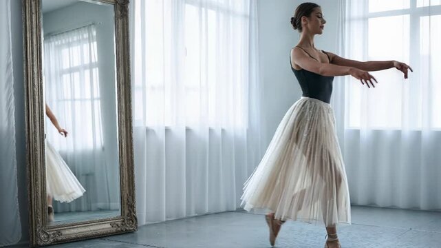 A ballerina holds a flawless arabesque on pointe in a studio, airy tutu layers suspended in graceful volume as mirror reflections double the elegance of her extended form under soft light.