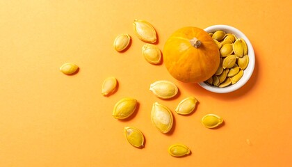 A vibrant still life showcasing a small, orange gourd with a bowl of seeds and scattered seeds on a solid orange background