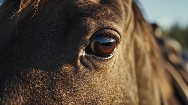 A peaceful horse eye bathed in soft golden sunlight