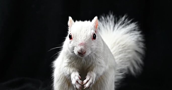 Albino squirrel with vivid red eyes on black background