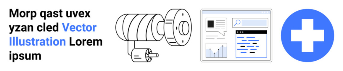Obraz premium Industrial design, engineering concepts, data analytics, healthcare, cross-industry solutions, mechanical systems. Schematic diagram, dashboard chart and medical cross. Engineering and healthcare