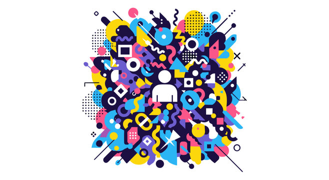 Vibrant abstract design featuring a central human icon surrounded by an explosion of colorful geometric shapes and dynamic patterns on a white background.