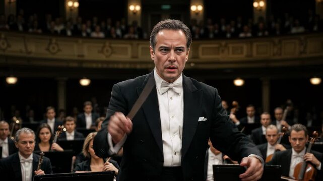 An orchestra conductor sweeps the baton with sweeping authority, sweat on his brow as stage light carves dramatic shadows across commanding gestures and attentive musicians blur behind.