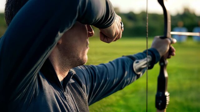 An archer draws a bowstring taut to the cheek, nocked arrow feather grazing skin and the distant green target blurring as controlled breath and perfect anchor convey elite, composed focus.