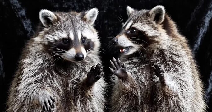Two raccoons standing with paws up on dark background