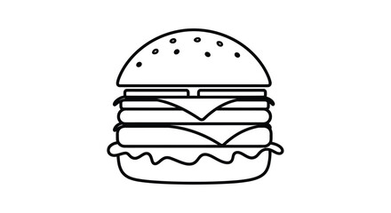 Fototapeta premium Burger line icon illustrating delicious double cheeseburger with sesame seeds bun fresh lettuce tomato meat patty and melted cheese slice for food design