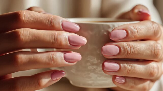 Woman's hands holding a white ceramic cup with pink manicured nails.