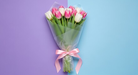 Beautiful bouquet of pink and white tulips on purple and blue background