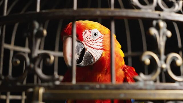 Close up of a vibrant scarlet macaw parrot inside an ornate birdcage with a dark background