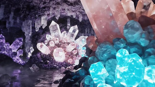 A vibrant cave interior with glowing crystal and mineral formations