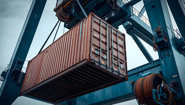 close up detail of industrial port crane lifting container over ship deck