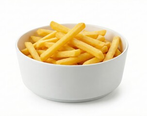 golden french fries in white ceramic bowl on white background
