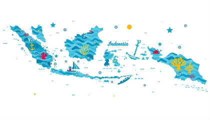 creative conceptual illustration of indonesia map formed by ocean waves ships and coral reefs