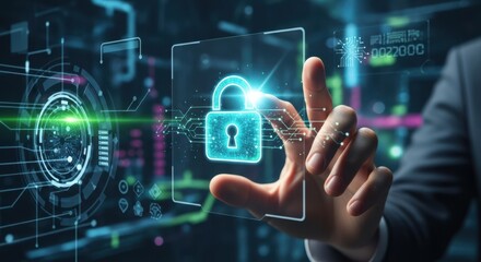 Obraz premium Professional hand touching a glowing padlock icon to lock a digital file in a secure cyber vault environment
