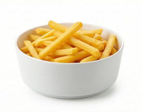 golden french fries in white ceramic bowl on white background