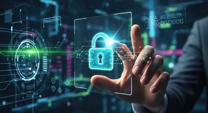 Professional hand touching a glowing padlock icon to lock a digital file in a secure cyber vault environment