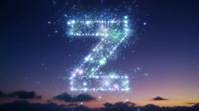 Sparkling letter Z of glowing particles in twilight sky above clouds
