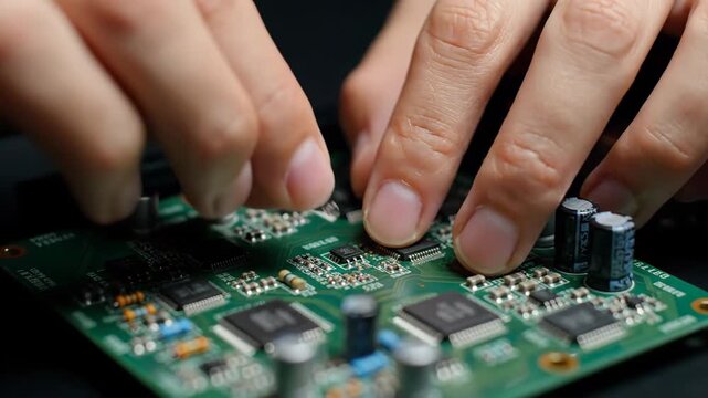 Human hands carefully place a microchip onto a green electronic circuit board, highlighting intricate components like capacitors and processors in a close-up shot.