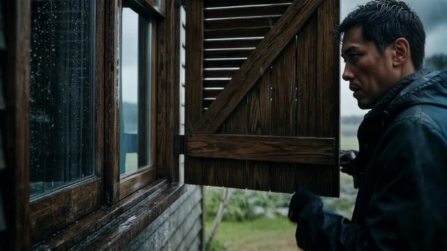 An East Asian man urgently latches wooden storm shutters as a typhoon approaches, wind rattling the frame and initial rain spatter hitting the surface in a dramatic show of resolve.