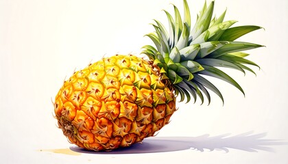 A vibrant, textured pineapple is cast against a bright white background, showcasing its spiky crown. Its skin displays a range of yellow to orange hues