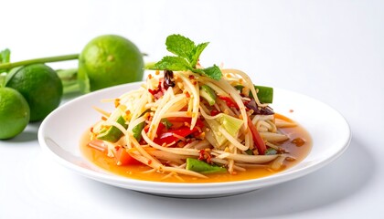 A vibrant Thai salad, shredded vegetables in a zesty sauce, garnished with mint, and limes on the side