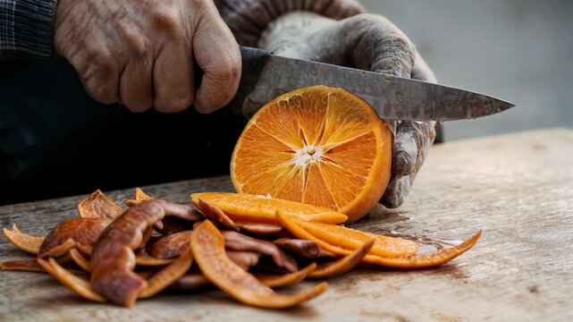 An East Asian fruit vendor slices a ripe persimmon with a gliding knife, orange juicy flesh fanning open and fibrous strings pulling apart as morning market light catches the glistening juice.