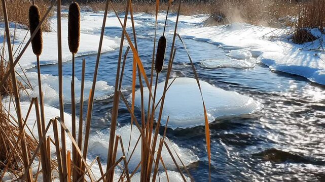 Scenic winter stream with flowing water and ice sheets surrounded by snow and cattails under bright sunlight