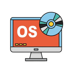 Computer monitor displaying OS text with a hovering CD in a simple graphic illustration