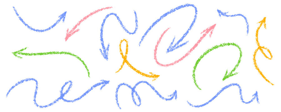 Arrows in doodle style with wax crayon, chalk and marker texture. Vector colorful arrow illustration. Abstract sketch with playful children art elements