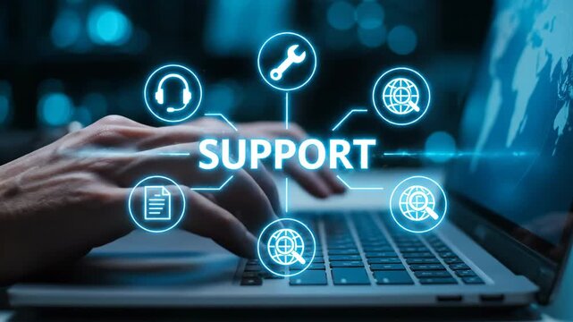 Hands typing on a laptop with a glowing digital support network graphic and world map overlay. Professional, technological, and global assistance concept.