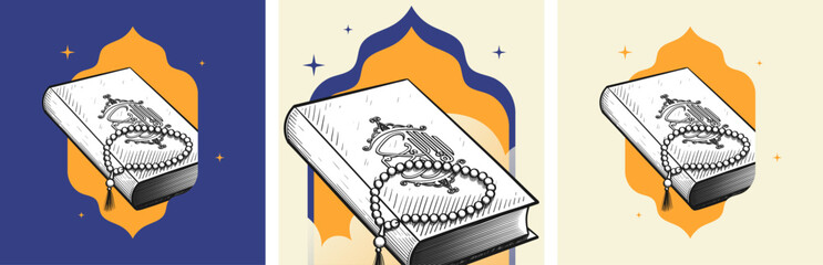 Al Quran illustration. Islamic vector art featuring Al Quran and prayer beads for poster, banner, or card. © Yulka