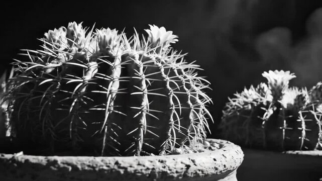 Black and white close-up of desert cacti with prominent thorns and delicate blossoms in a peaceful setting