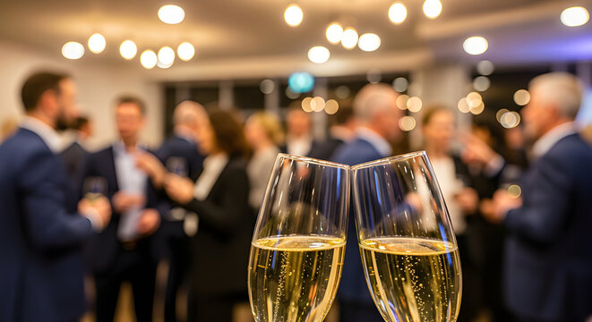 Close-up of two champagne glasses clinking during a corporate business party or networking event with blurred background.