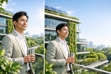 Fototapeta premium Green Balcony Oasis: A man on a building's green balcony, savoring a beverage amidst the lush, eco-friendly design, enjoying the city panorama.