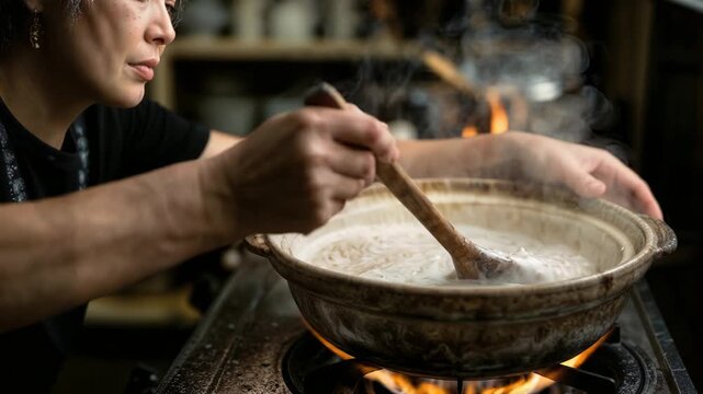 An East Asian grandmother stirs a pot of congee with long slow circles, thick steam bubbling gently as the worn spoon handle and stovetop warmth evoke a sense of deep, nurturing domestic comfort.