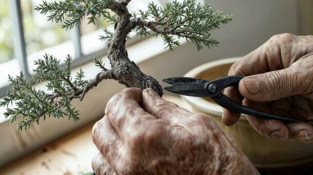An East Asian gardener snips a bonsai branch with precision secateurs, a tiny sap bead forming at the clean cut as aged bark and textured foliage reveal the craft of patient, meditative horticulture.
