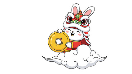 Fototapeta premium Adorable rabbit in traditional Chinese lion dance costume holding a large gold coin, symbolizing good fortune and prosperity for the New Year, sitting on a fluffy cloud.