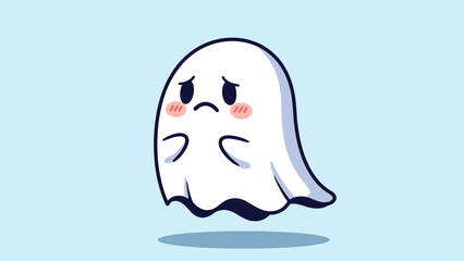 Adorable cartoon ghost with a sad and shy expression, gently floating with a subtle shadow beneath, radiating a melancholic aura on a blue background.