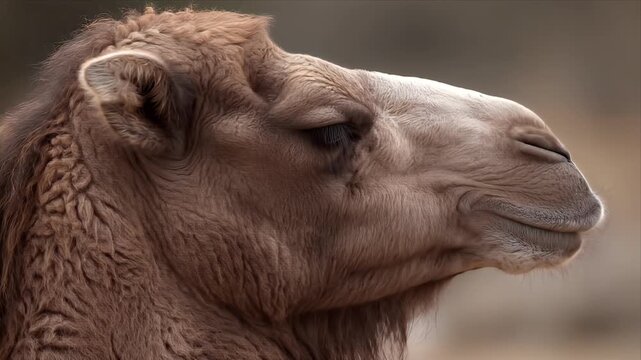 Close up profile of a dromedary camel's head with detailed textured brown fur and a soft bokeh background