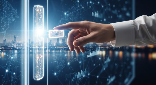 Businessman hand touching a virtual door handle to open new opportunities and enter markets.