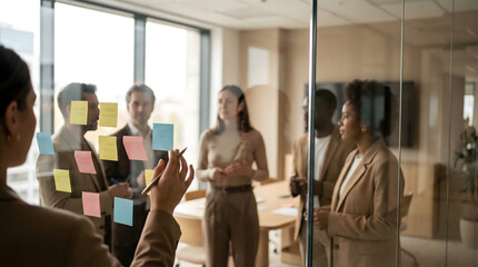 Fototapeta premium Strategic Visionaries: A dynamic group of professionals huddle, brainstorming innovative concepts on a clear glass surface adorned with colorful sticky notes.